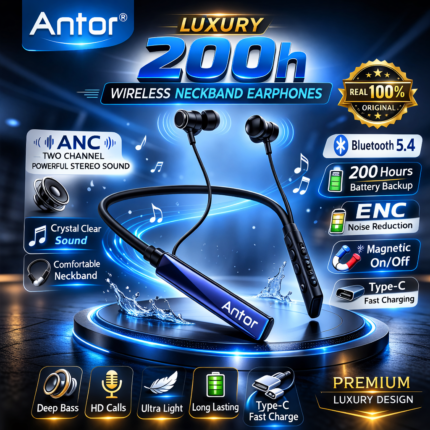 Antor Luxury 200H Neckband Wireless Earphone | Bluetooth 5.4 | ENC Noise Reduction | Type-C Fast Charging